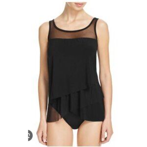 NEW! Miraclesuit Mirage Illusionist Tankini Top Sz 16 Asymmetrical Tiered Black